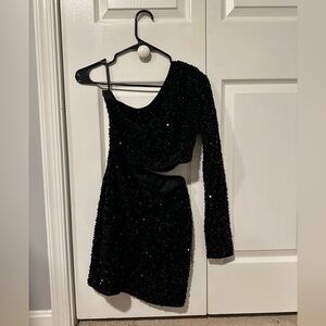 Black Sparkle Cut-out One Shoulder Homecoming Dress